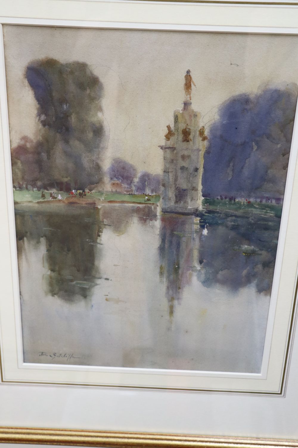 John E. Sutcliffe (d.1929), watercolour, The Diana Fountain and Pond, Bushy Park, signed, 39 x 29cm